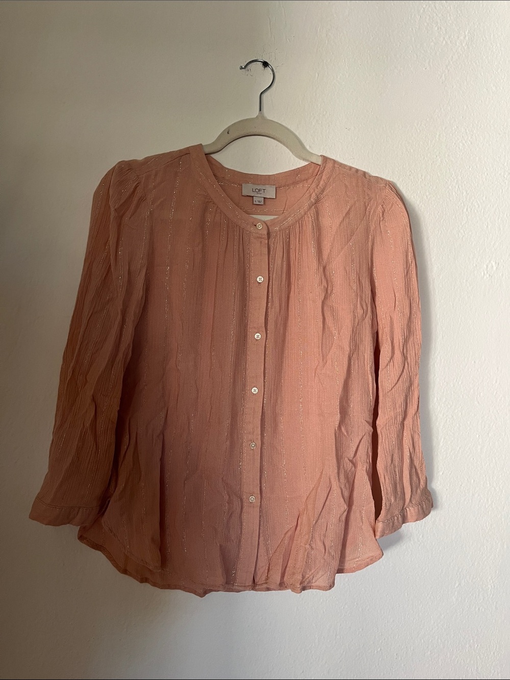 LOFT Peach Button-Front Blouse with Subtle Metallic Stripe